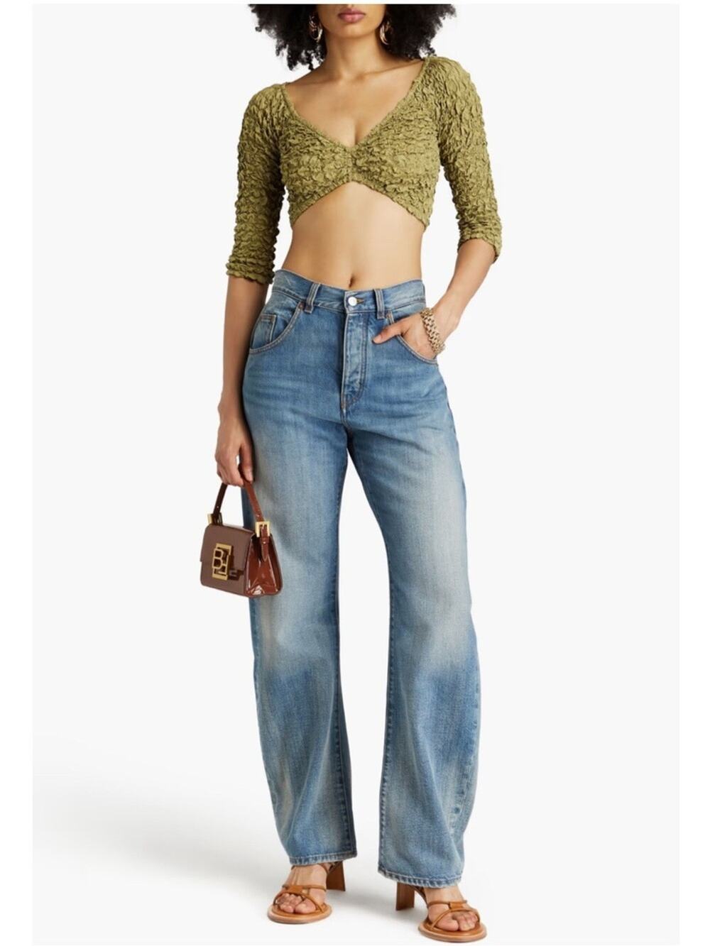 Women's XS Mara Hoffman Aja Cropped Tencel Popcorn Green Top NEW